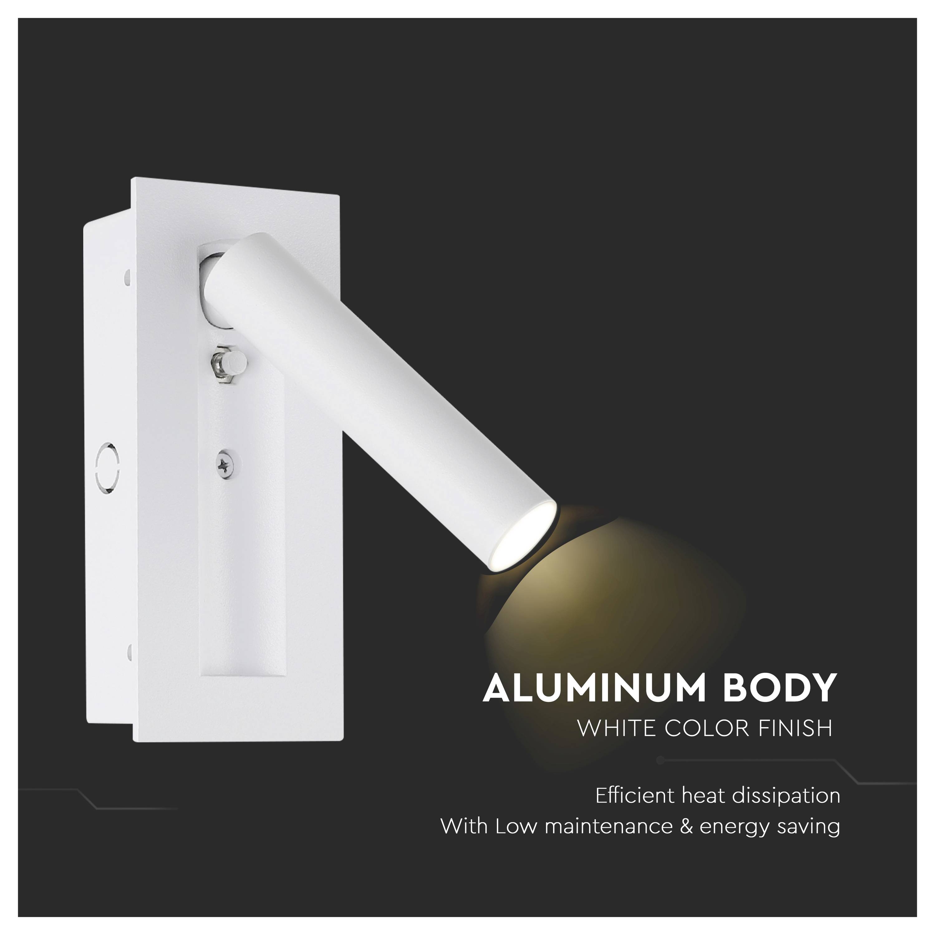 White aluminum wall light fixture with a cylindrical design, projecting a warm beam. Text highlights 'Efficient heat dissipation with low maintenance & energy saving'.