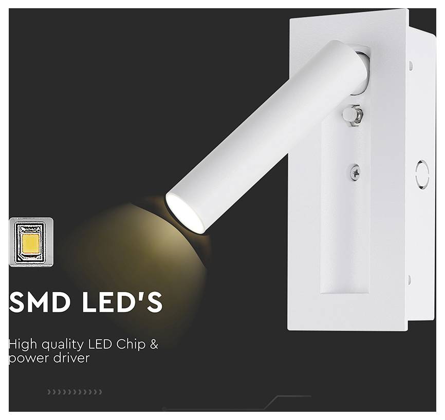 A white wall-mounted spotlight with 'SMD LED's' text, indicating a high-quality LED chip and power driver, illuminates a dark background.