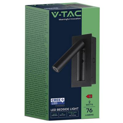 'V-TAC LED Bedside Light' box featuring a black adjustable LED light. Text indicates 2 watts, 76 lumens, 3000K color temperature.