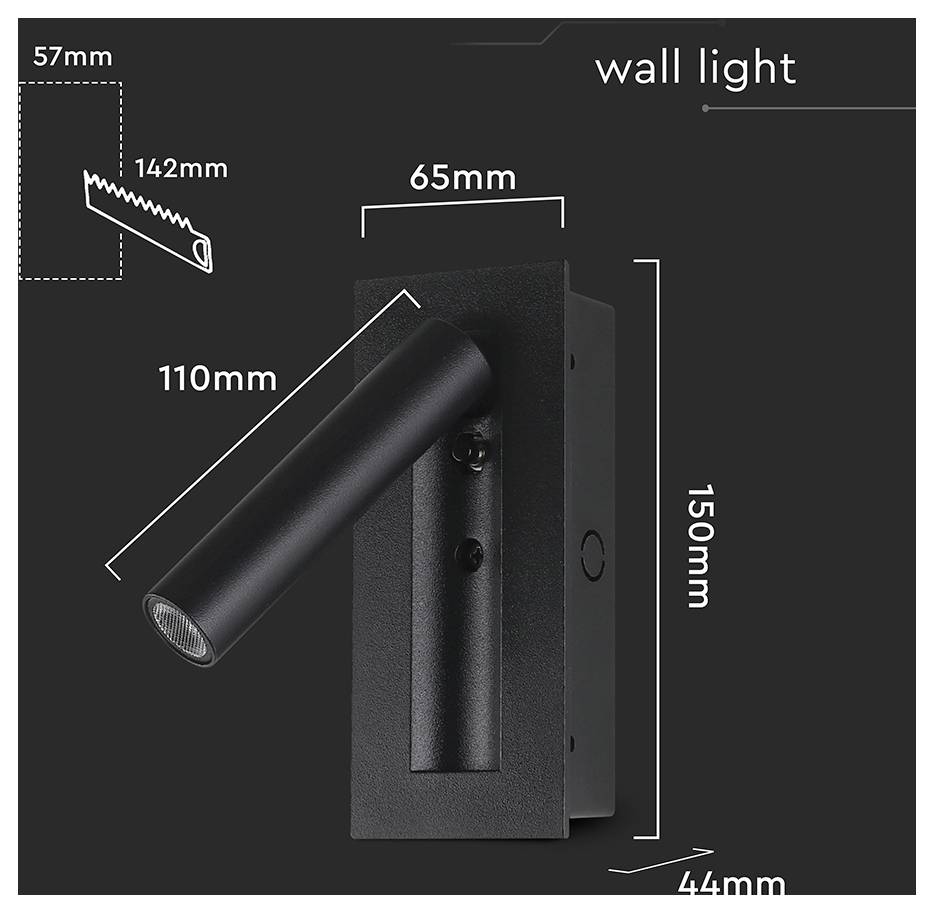 Black adjustable wall light with dimensions: 150mm height, 65mm width, 44mm depth. Includes a side view and saw detail of 142mm.