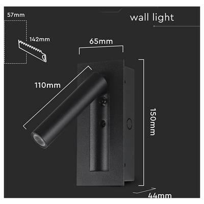 Black adjustable wall light with dimensions: 150mm height, 65mm width, 44mm depth. Includes a side view and saw detail of 142mm.