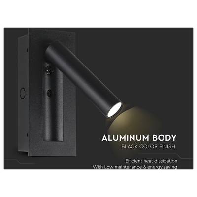 Wall-mounted black aluminum LED light. Text reads 'Aluminum Body, Black Color Finish, Efficient heat dissipation, Low maintenance & energy saving.'