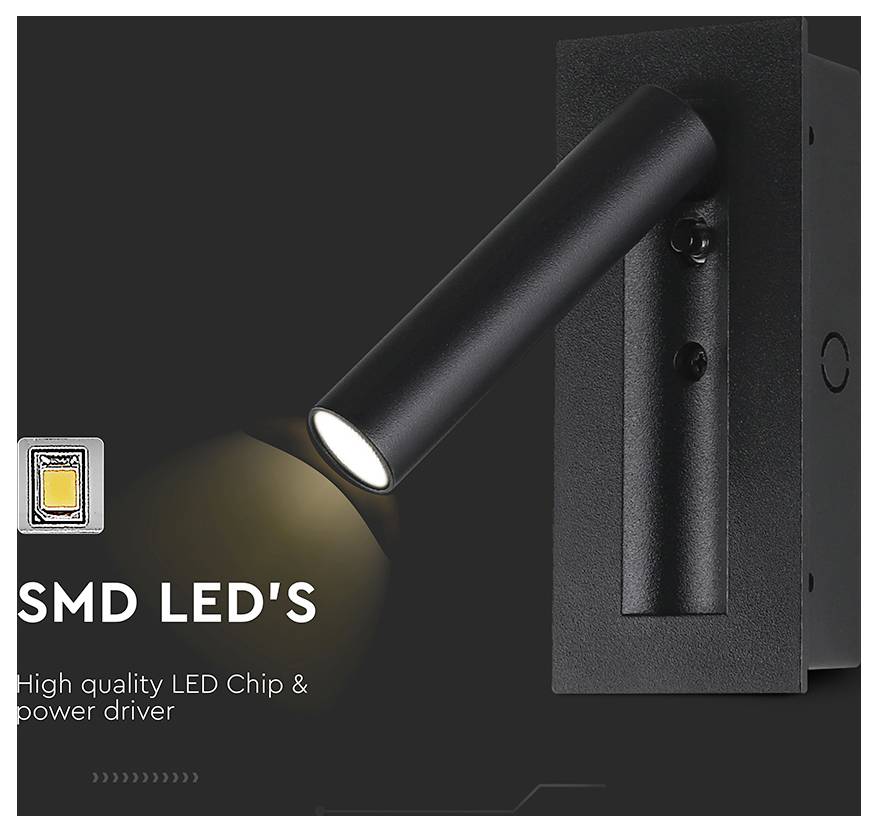 Wall-mounted black LED spotlight with adjustable cylindrical arm, emitting light onto a surface. Text reads 'SMD LED's' and 'High quality LED Chip & power driver.'