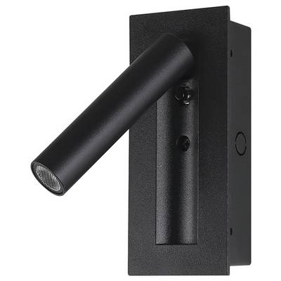 A black cylindrical wall-mounted reading light with a rectangular base, adjustable head, and visible screw holes on a plain white background.