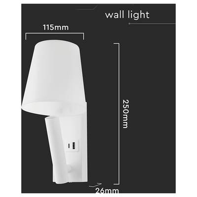 'Wall light' with USB charging port, measuring 115mm in width, 250mm in height, and 26mm in depth. White modern design.