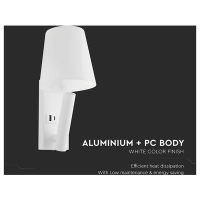 Wall-mounted, white lamp with a conical shade and USB socket, labeled 'ALUMINIUM + PC BODY WHITE COLOR FINISH,' highlighting efficiency and energy saving.
