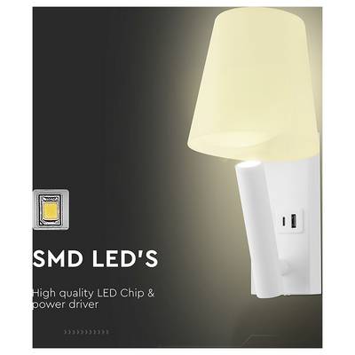 'SMD LED's: High quality LED Chip & power driver.' Image of a wall-mounted LED lamp with a USB port, glowing warmly.