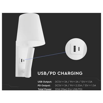 Wall-mounted lamp with a USB-PD charging port. Outputs: USB 5V=3A, 9V=2A, 12V=1.5A; PD 5V=3A, 9V=2.25A, 12V=1.5A. Total power 20W max.