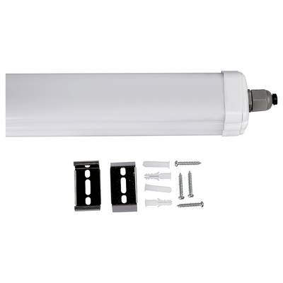 A white LED tube light with mounting hardware, including brackets, screws, and wall plugs, displayed against a white background.