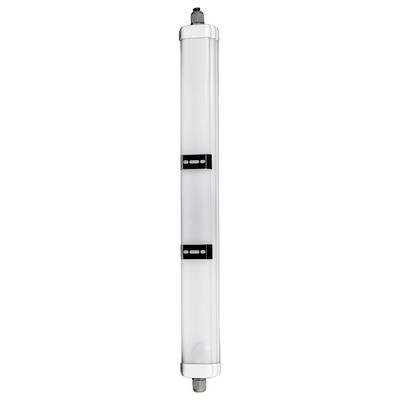 A long, cylindrical LED light fixture with a white cover, featuring two dark brackets for mounting, designed for industrial or commercial use.