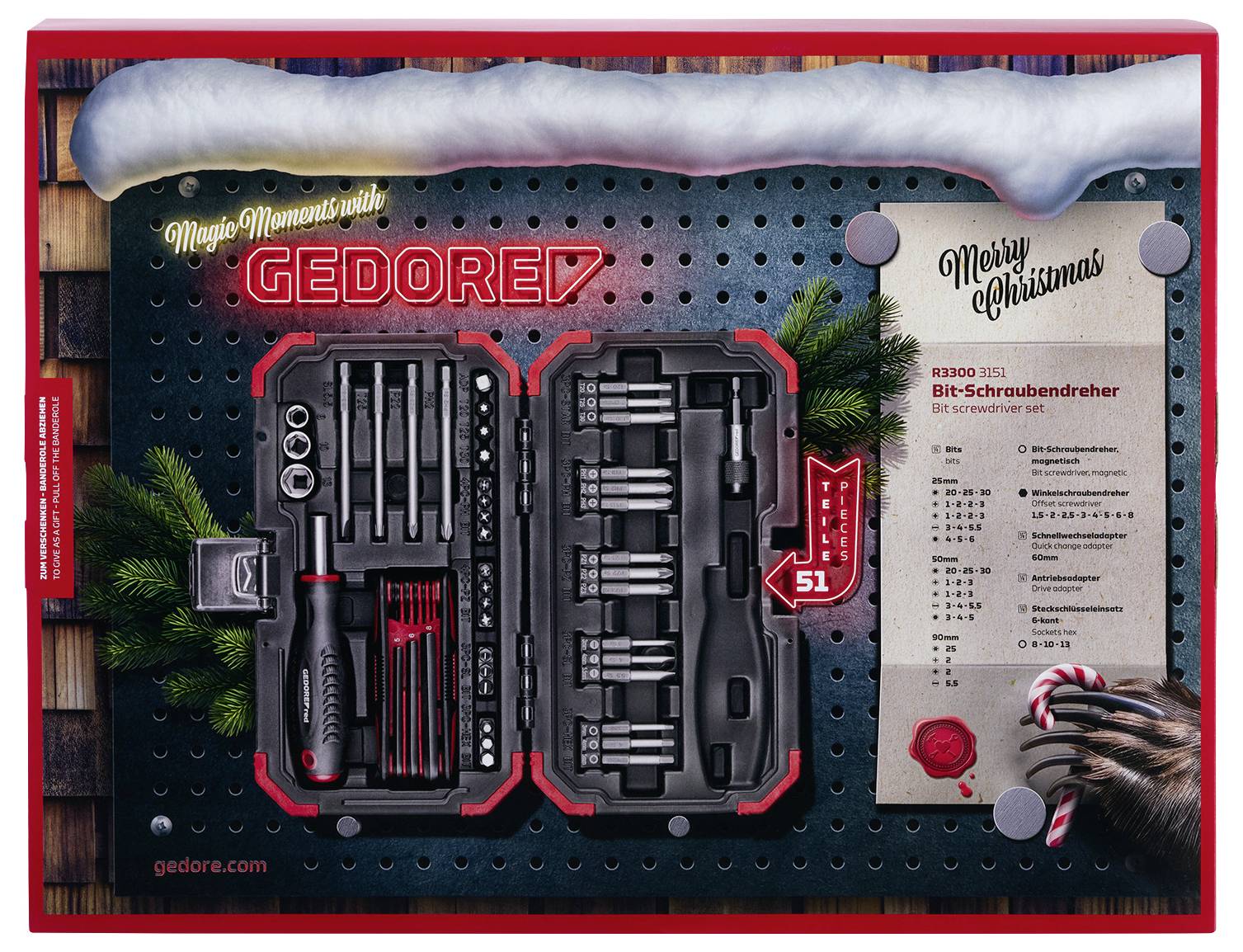 A Christmas-themed tool set from Gedore includes screwdrivers and bits, displayed on a perforated board with holiday decorations.