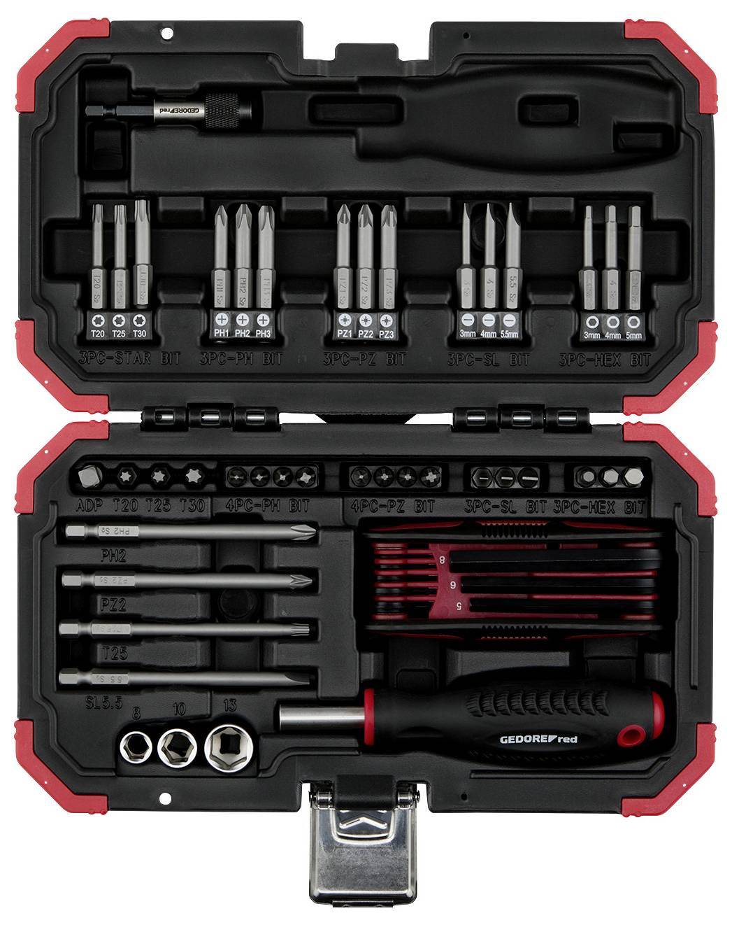 'Tool kit open displaying various screwdriver bits, screwdriver handle, and socket wrenches, all neatly organized in a black and red case.'