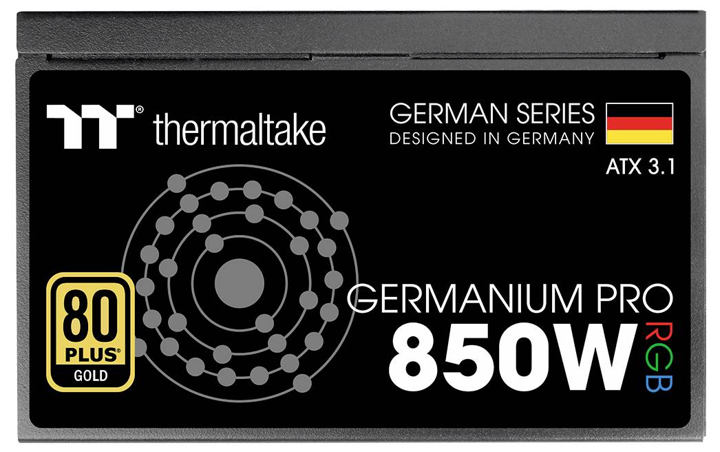 'Germanium Pro 850W RGB' power supply in black, part of the German series by Thermaltake, 80 Plus Gold certified, ATX 3.1 compatible.