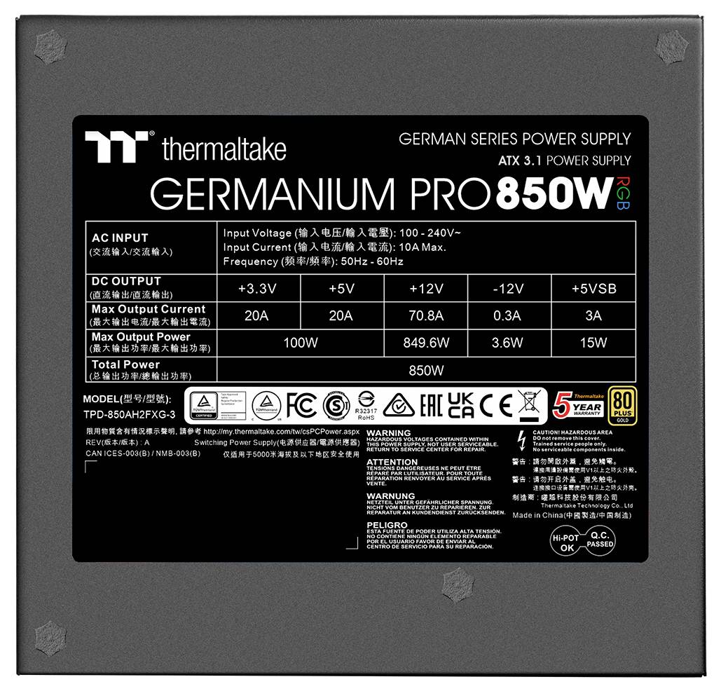 'Germanium Pro 850W' power supply label with input/output specs: Input 100-240V, Output 850W max, and multiple voltage outputs.