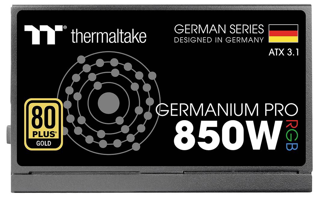 'Thermaltake Germanium Pro 850W RGB power supply, German Series, 80 Plus Gold, designed in Germany, ATX 3.1 standard.'