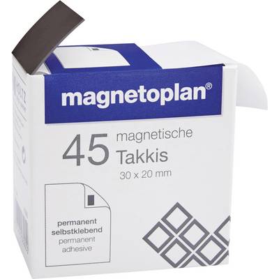 A box containing 45 magnetic Takkis measuring 30 x 20 mm by magnetoplan, featuring a permanent self-adhesive quality.