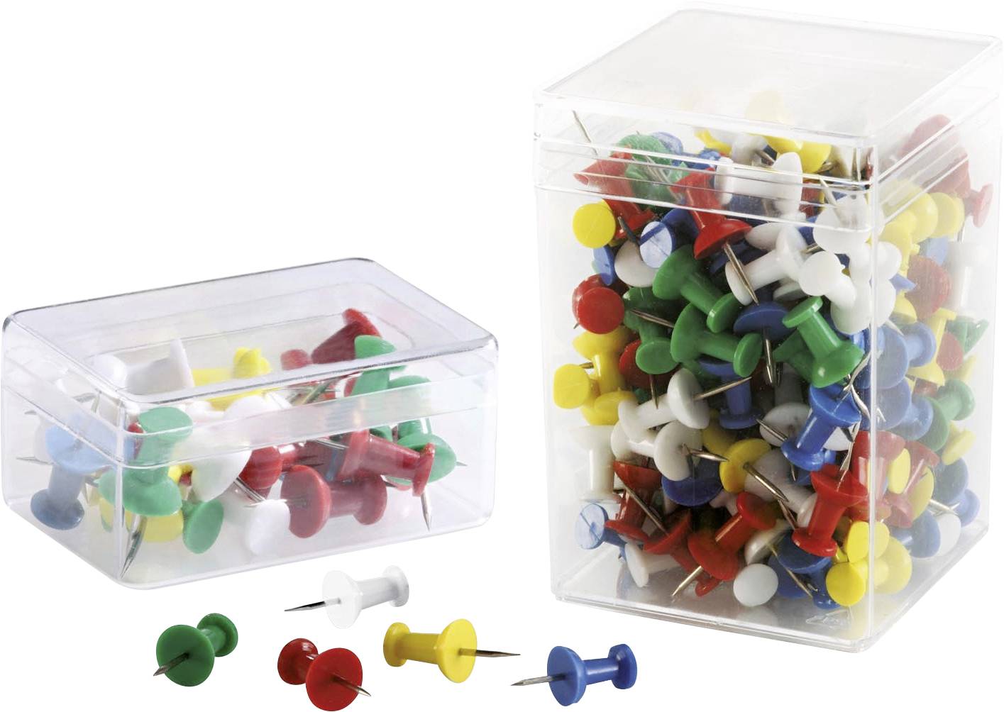 Two clear plastic boxes filled with colorful push pins, with some pins scattered in front.