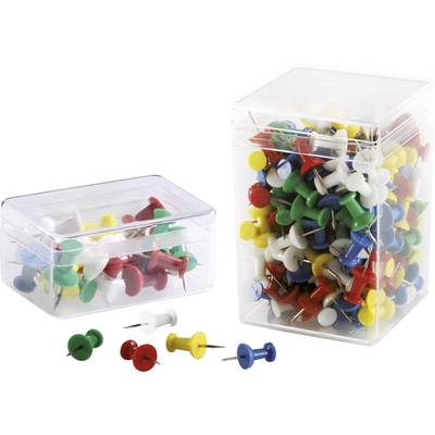 Two clear plastic boxes filled with colorful push pins, with some pins scattered in front.