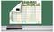 A classroom wall calendar titled 'DINOPLAN' with a weekly schedule, featuring dinosaur illustrations, partially peeled off a green chalkboard.