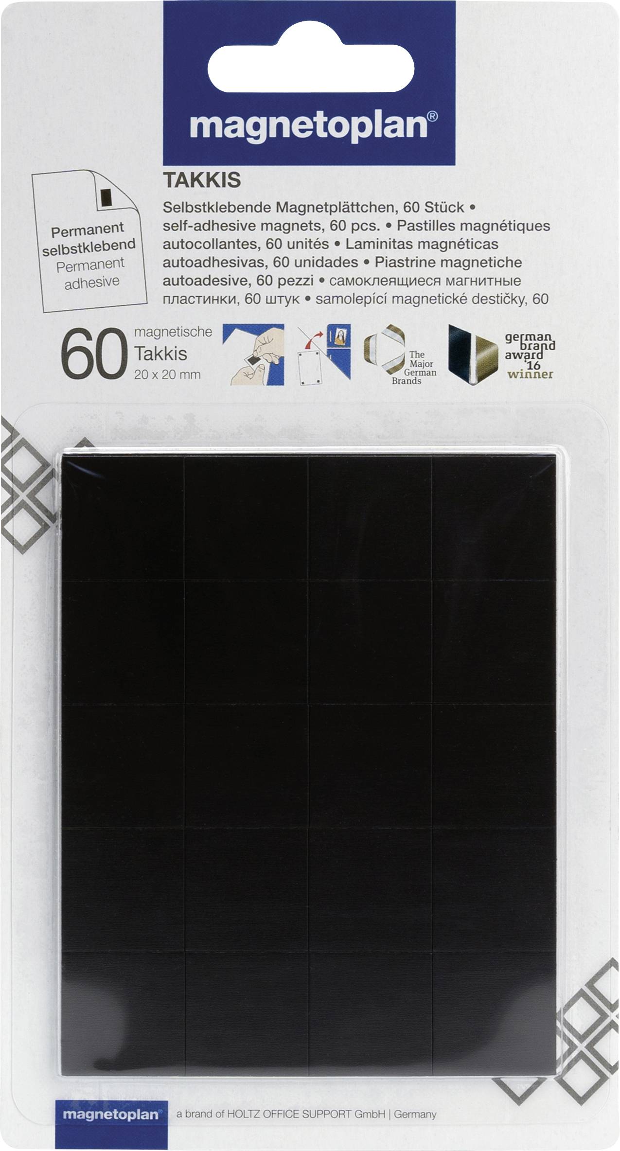Package of 'Takkis' self-adhesive magnets by Magnetoplan, containing 60 black, square magnets. Text on packaging in multiple languages.