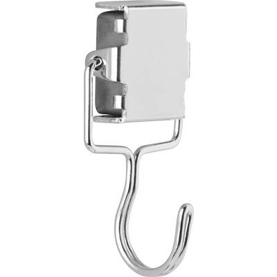 Silver metal hook with a rectangular clip at the top, used for hanging items.