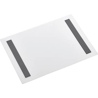 A rectangular white cutting board with two parallel black strips on the surface, likely for grip or alignment purposes.