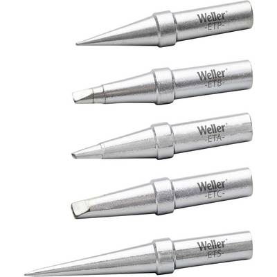 Five silver soldering iron tips labeled 'Weller' with varying shapes for different soldering tasks.