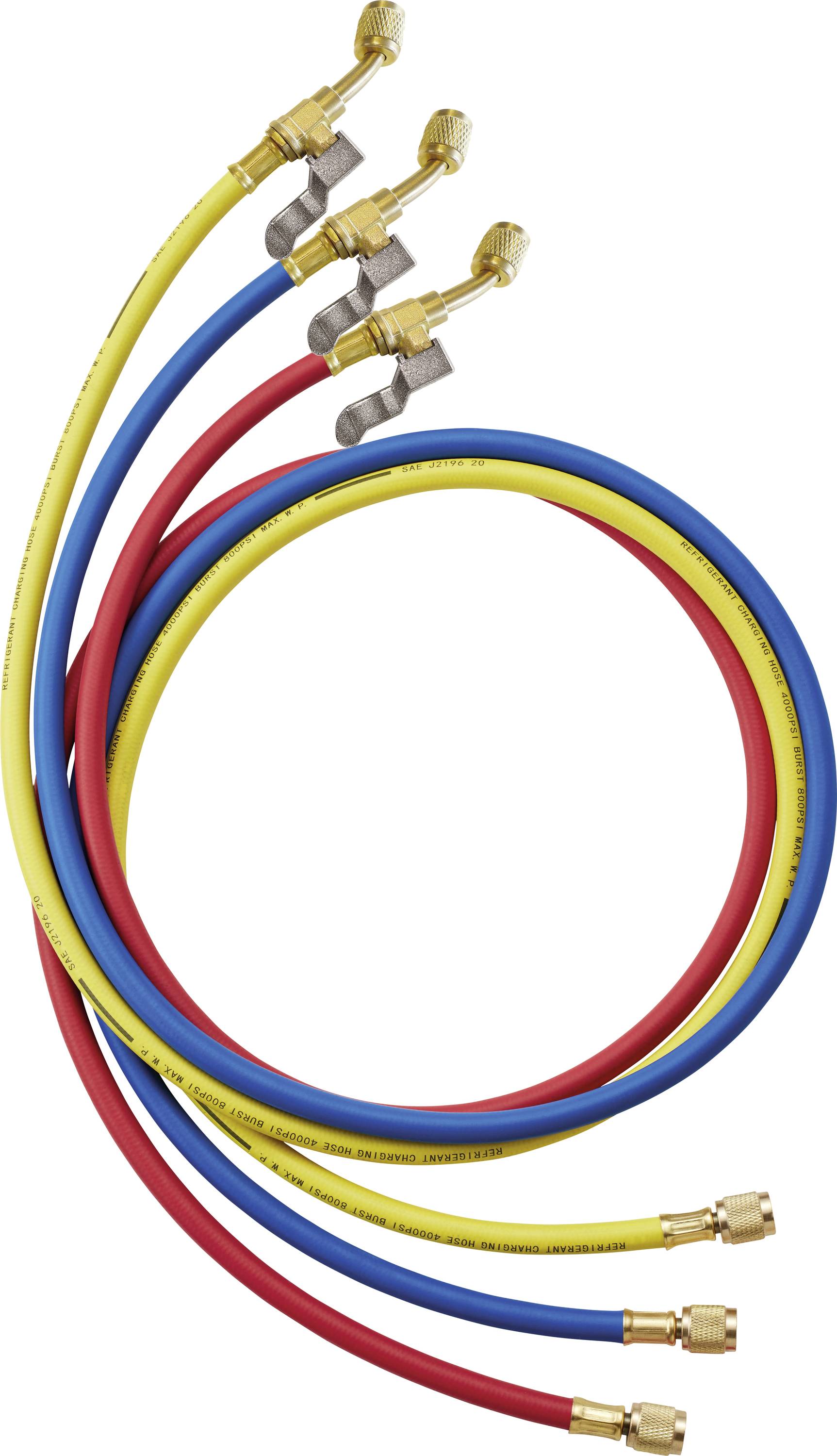 'Three colored refrigerant hoses: red, blue, and yellow, with brass connectors on each end, coiled together.'