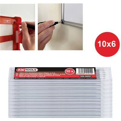 'KS Tools' brand whiteboard marker refill replacement set, 10 packs of 6 pieces each, shown with a marker being refilled.