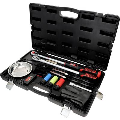 A black toolkit case open displaying various tools including screwdrivers, a wrench, sockets, gloves, and a magnetic tray.