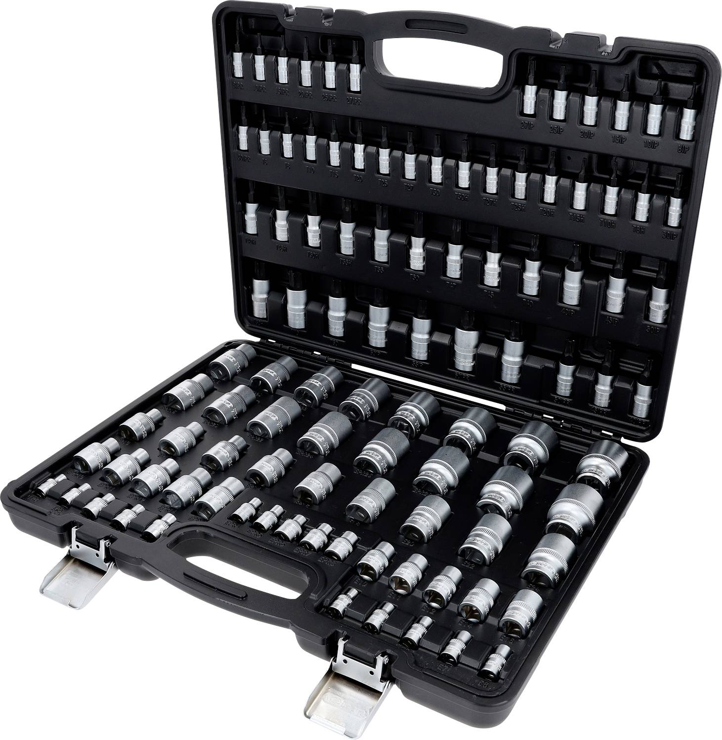 A black tool case open to display an arranged set of various socket wrenches organized in rows.