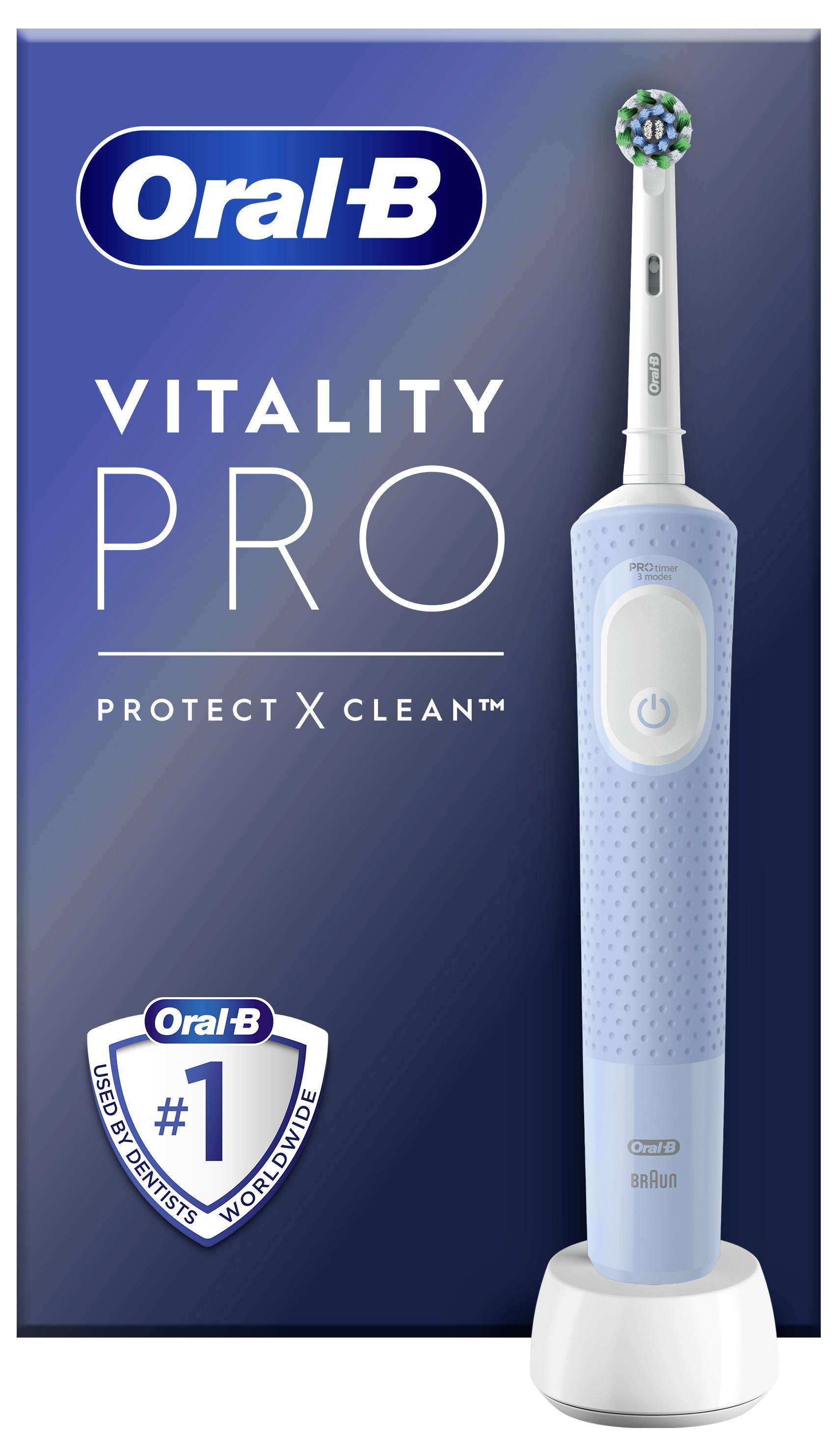 A blue electric toothbrush stands in front of its box labeled 'Oral-B Vitality Pro Protect X Clean'.