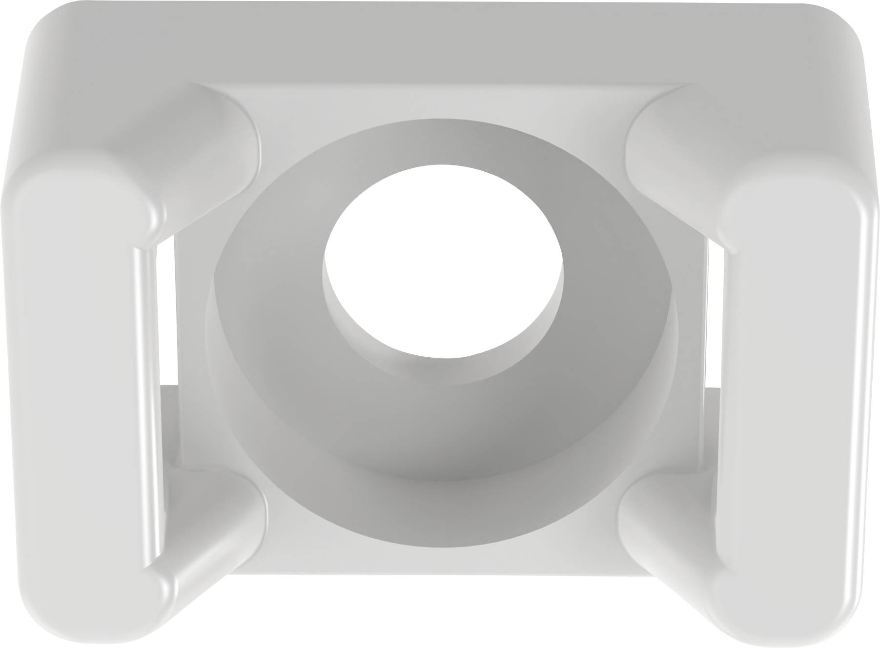 A white plastic object with a central circular opening and two cylindrical arms on opposite sides, viewed from above.