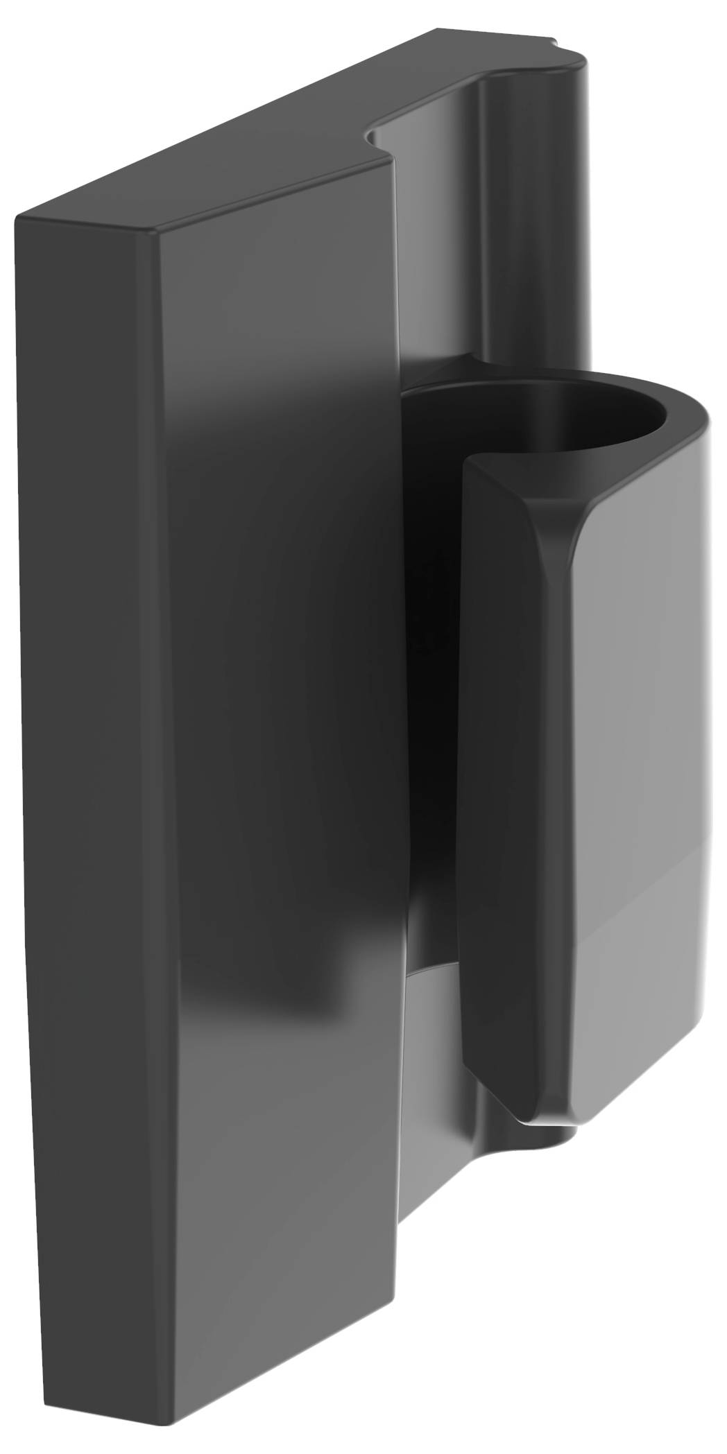 A black plastic clip with a rectangular design, suitable for holding items securely.