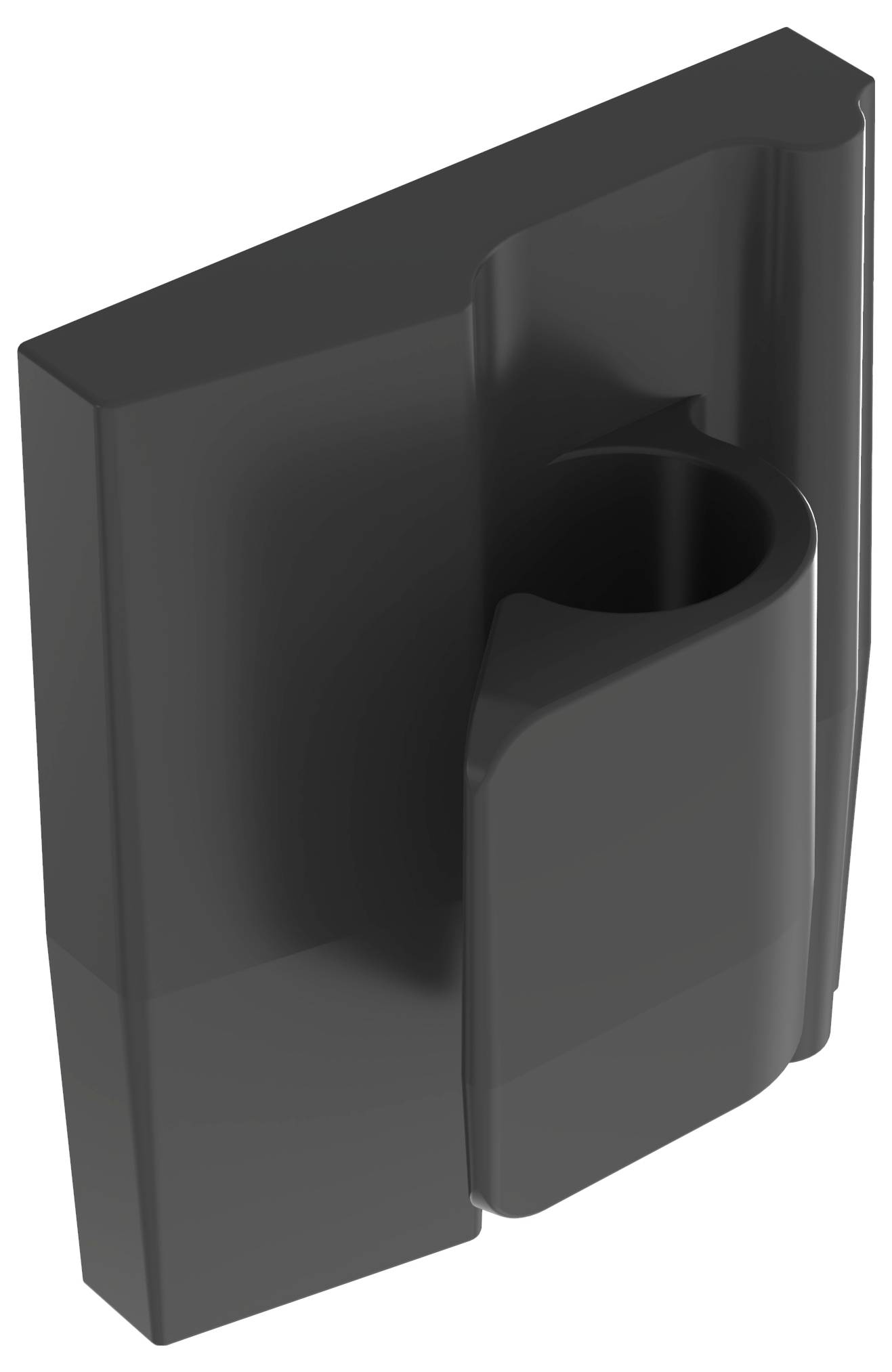 A black, rectangular plastic mounting bracket with a central cylindrical opening, viewed at an angle.