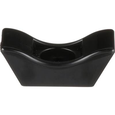 A black, curved plastic stand with a central circular indentation, possibly for holding small objects or a specific item securely.