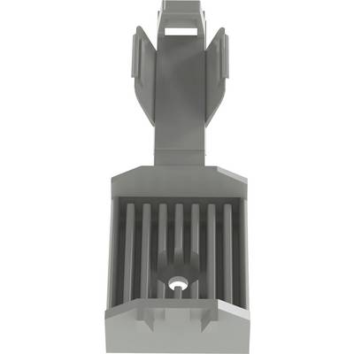 A gray, vertical, rectangular plastic clip featuring parallel grooves and a vertical support with side tabs.