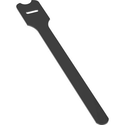 A black cable tie with a slot for fastening. It is flat and elongated, designed to bundle or secure cables.