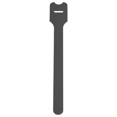 A single black cable tie used for organizing or securing wires, featuring a loop at one end for fastening.