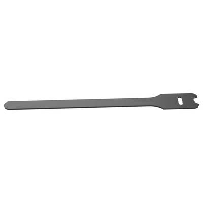 A thin, flat, gray metal crowbar with a curved end and a hole near the opposite end, used for prying or lifting objects.