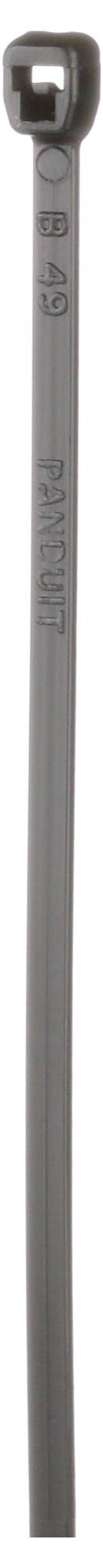 A gray cable tie with a square locking head and serrated strap, designed for securing bundles of cables or wires.