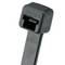 A black cable tie with a ratchet mechanism at one end, used for bundling wires or securing objects.