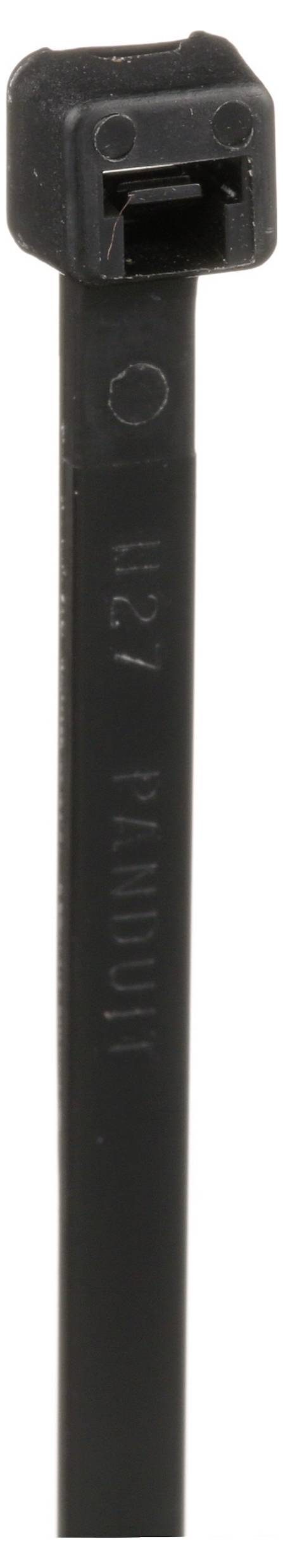 A black zip tie featuring a square locking head with a ridged surface for grip and holding objects securely in place.