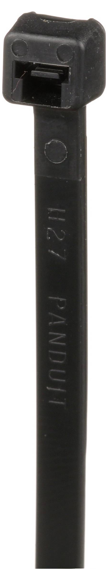 A close-up of a black zip tie with a ridged surface and a locking mechanism at the end, used for securing or organizing objects.