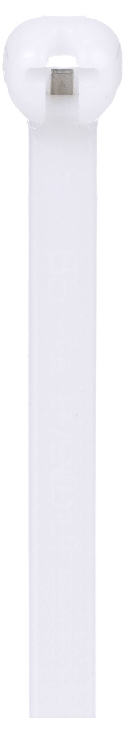 A white plastic cable tie with a rectangular head and locking mechanism at the top.