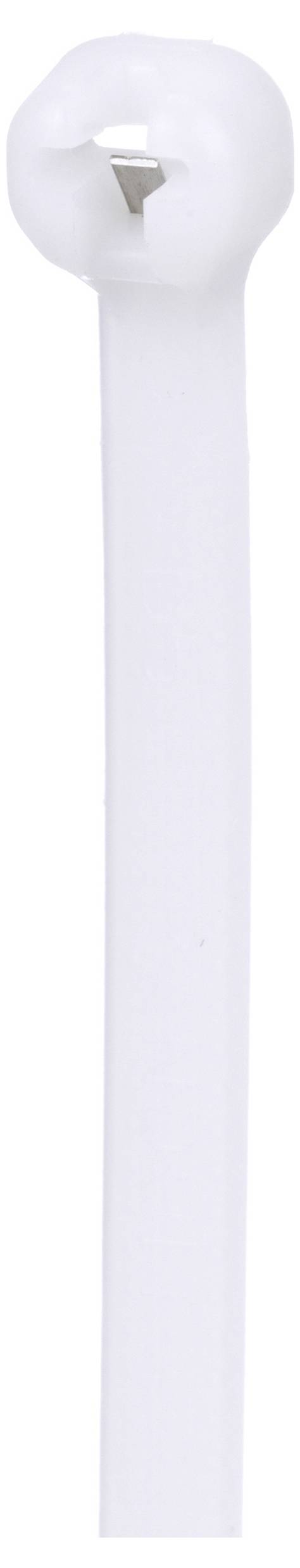 A white cable tie with a square-shaped head used for bundling and securing wires or objects.