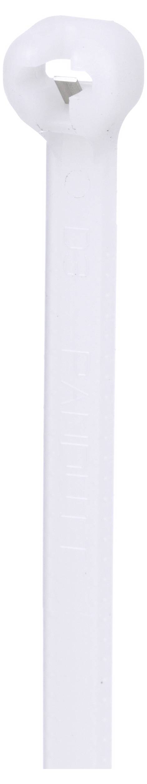 A white plastic cable tie with a locking mechanism at the top, used for securing or bundling items together.