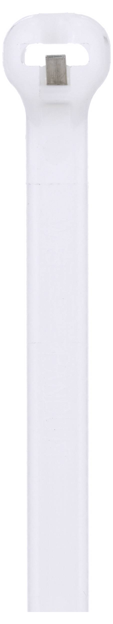 A white plastic cable tie with a rectangular head and a ratchet mechanism for securing wires or objects.