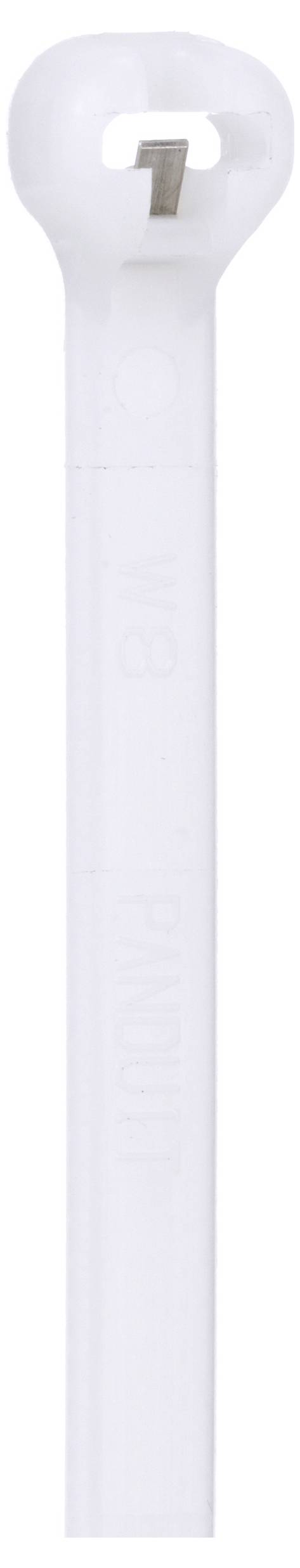 A white plastic cable tie with a locking mechanism at the top.