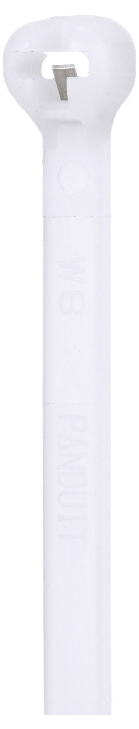A white cable tie with a locking mechanism at the top, used to secure or bundle items together.
